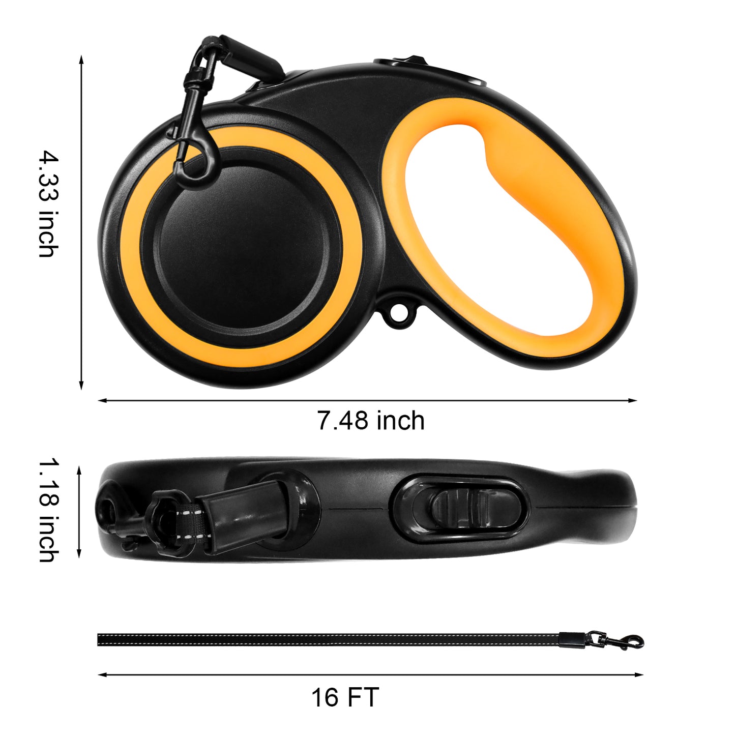 PETDET New Comfort Retractable Dog Leash (Tape), for Dogs Up to 66lbs, 16 ft, Large, Nylon, Orange/Black