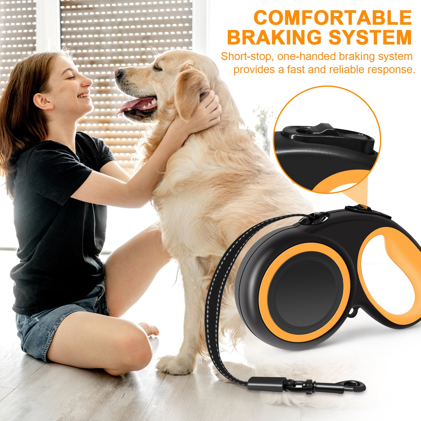 PETDET New Comfort Retractable Dog Leash (Tape), for Dogs Up to 66lbs, 16 ft, Large, Nylon, Orange/Black