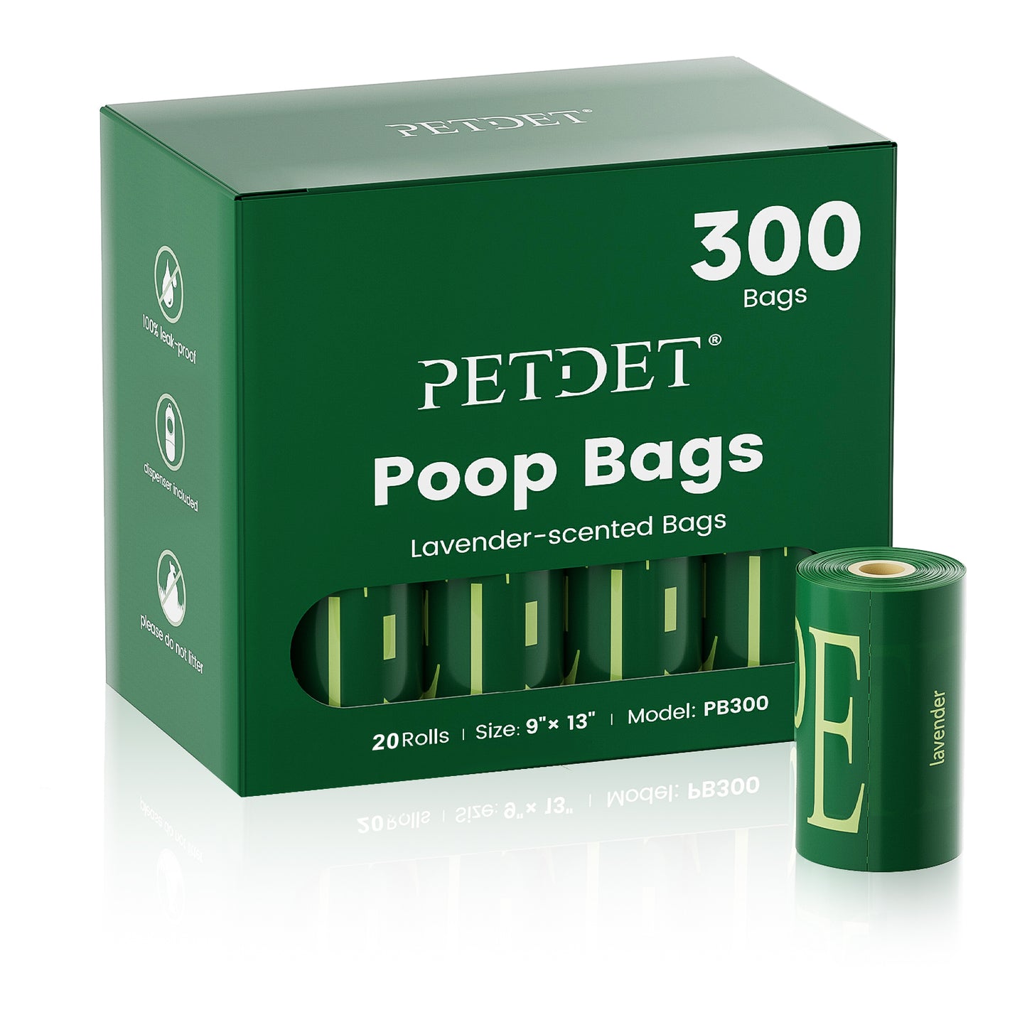 Petdet Dog Poop Bags - 300 Count, Extra Thick Waste Bags for Pets, Lavender Scented, 1 Dispenser, Green